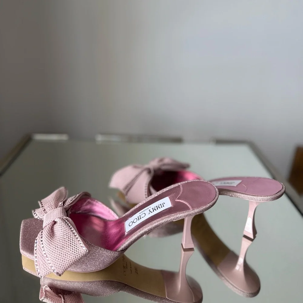 New JIMMY CHOO Jodi Bow-Embellished Glittered Mules pink - Picture 10 of 12